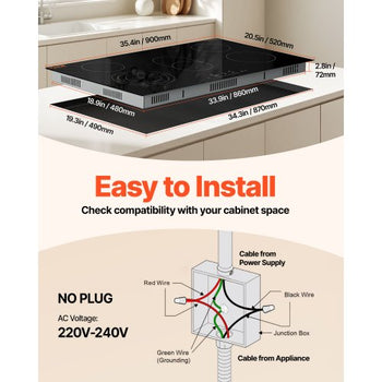 Electric Cooktop, 36 inch 5 Burners Built-in Electric Stove Top, 8600W Ceramic Top Radiant Cooktop with Glass Panel, Touch Control, Timer, Child Lock, 9 Heat Level, 220-240V, Hard Wire (No Plug)