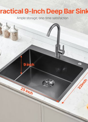 25 inch Kitchen Sink Workstation, 304 Stainless Steel Top Mount Sinks, Drop-In Single Bowl Farmhouse Basin with Accessories, Household Dishwasher Sinks for RV, Prep Kitchen, and Bar (Black)