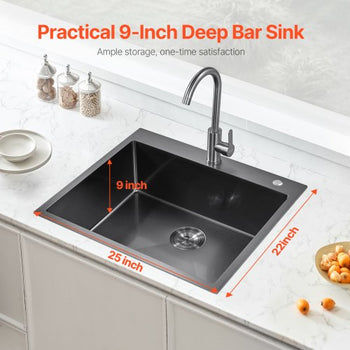 25 inch Kitchen Sink Workstation, 304 Stainless Steel Top Mount Sinks, Drop-In Single Bowl Farmhouse Basin with Accessories, Household Dishwasher Sinks for RV, Prep Kitchen, and Bar (Black)