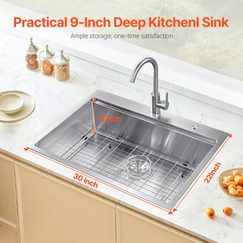 30 inch Kitchen Sink Workstation, 304 Stainless Steel Top Mount Sinks, Drop-In Single Bowl Farmhouse Basin with Ledge & Multiple Accessories, Household Dishwasher Sink for RV, Prep Kitchen, Bar
