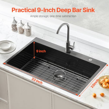 33 inch Kitchen Sink Workstation, 304 Stainless Steel Top Mount Sinks, Drop-In Single Bowl Farmhouse Basin with Accessories, Household Dishwasher Sinks for RV, Prep Kitchen, and Bar (Black)