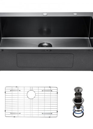 33 inch Kitchen Sink Workstation, 304 Stainless Steel Top Mount Sinks, Drop-In Single Bowl Farmhouse Basin with Accessories, Household Dishwasher Sinks for RV, Prep Kitchen, and Bar (Black)