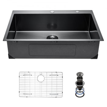 33 inch Kitchen Sink Workstation, 304 Stainless Steel Top Mount Sinks, Drop-In Single Bowl Farmhouse Basin with Accessories, Household Dishwasher Sinks for RV, Prep Kitchen, and Bar (Black)
