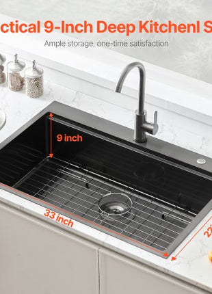 33 inch Kitchen Sink Workstation, 304 Stainless Steel Top Mount Sinks, Drop-In Single Bowl Farmhouse Basin with Ledge & Multiple Accessories, Household Dishwasher Sink for RV, Bar (Black)