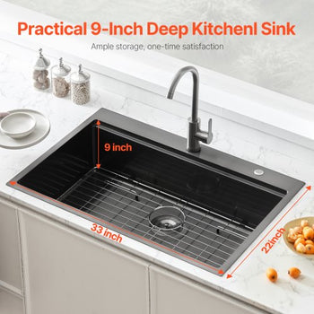 33 inch Kitchen Sink Workstation, 304 Stainless Steel Top Mount Sinks, Drop-In Single Bowl Farmhouse Basin with Ledge & Multiple Accessories, Household Dishwasher Sink for RV, Bar (Black)