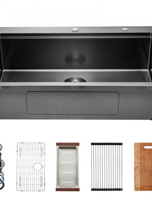 33 inch Kitchen Sink Workstation, 304 Stainless Steel Top Mount Sinks, Drop-In Single Bowl Farmhouse Basin with Ledge & Multiple Accessories, Household Dishwasher Sink for RV, Bar (Black)