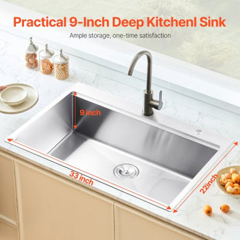 33 inch Kitchen Sink Workstation, 304 Stainless Steel Top Mount Sinks, Drop-In Single Bowl Farmhouse Basin with Ledge & Multiple Accessories, Household Dishwasher Sink for RV, Prep Kitchen, Bar