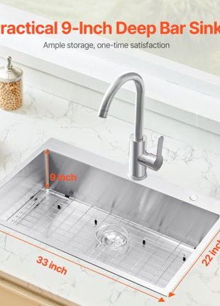 33 inch Kitchen Sink Workstation, 304 Stainless Steel Top Mount Sinks, Drop-In Single Bowl Farmhouse Basin with Accessories, Household Dishwasher Sinks for RV, Prep Kitchen, Laundry Room, Bar