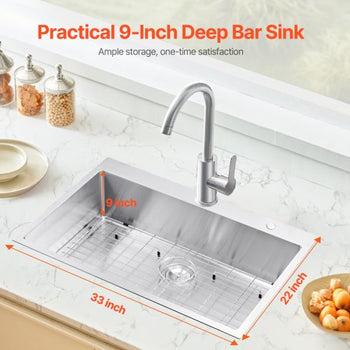 33 inch Kitchen Sink Workstation, 304 Stainless Steel Top Mount Sinks, Drop-In Single Bowl Farmhouse Basin with Accessories, Household Dishwasher Sinks for RV, Prep Kitchen, Laundry Room, Bar
