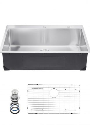 33 inch Kitchen Sink Workstation, 304 Stainless Steel Top Mount Sinks, Drop-In Single Bowl Farmhouse Basin with Accessories, Household Dishwasher Sinks for RV, Prep Kitchen, Laundry Room, Bar