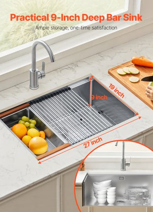 27 inch Kitchen Sink Workstation, 304 Stainless Steel Undermount Sink, Drop-In Single Bowl Farmhouse Basin with Ledge & Multiple Accessories, Household Dishwasher Sinks for RV, Prep Kitchen, Bar