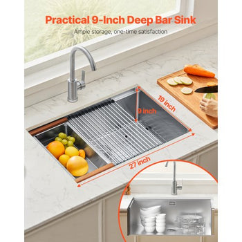 27 inch Kitchen Sink Workstation, 304 Stainless Steel Undermount Sink, Drop-In Single Bowl Farmhouse Basin with Ledge & Multiple Accessories, Household Dishwasher Sinks for RV, Prep Kitchen, Bar