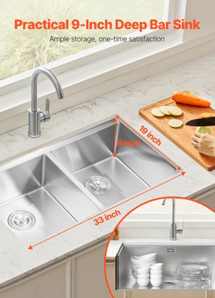33 inch Kitchen Sink Workstation, 304 Stainless Steel Undermount Sink, Drop-In Double Bowl Farmhouse Basin with Ledge & Multiple Accessories, Household Dishwasher Sinks for RV, Prep Kitchen, Bar