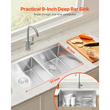 33 inch Kitchen Sink Workstation, 304 Stainless Steel Undermount Sink, Drop-In Double Bowl Farmhouse Basin with Ledge & Multiple Accessories, Household Dishwasher Sinks for RV, Prep Kitchen, Bar
