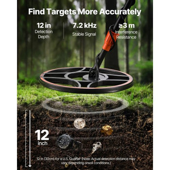 Waterproof Metal Detector, 12", Professional High Accuracy Gold Detector for Adults, with Display, Wireless Headphones, 7 Modes, Adjustable Length, for Detecting Gold Treasure Hunting, IP68