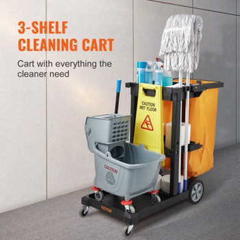 Cleaning Cart, 3-Shelf Commercial Janitorial Cart, 200 lbs Capacity Plastic Housekeeping Cart, with 25 Gallon PVC Bag, 47 x 20 x 38.6in, Yellow & Black