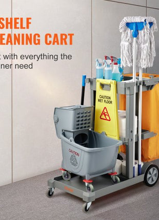 Cleaning Cart, 3-Shelf Commercial Janitorial Cart, 200 lbs Capacity Plastic Housekeeping Cart, with 25 Gallon PVC Bag, 47" x 20" x 38.6", Yellow+Grey