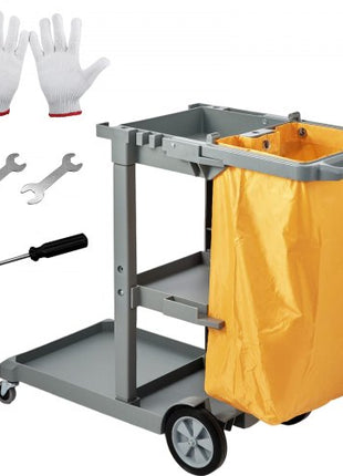 Cleaning Cart, 3-Shelf Commercial Janitorial Cart, 200 lbs Capacity Plastic Housekeeping Cart, with 25 Gallon PVC Bag, 47" x 20" x 38.6", Yellow+Grey