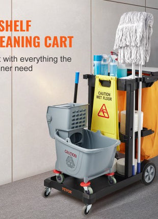 Cleaning Cart, 3-Shelf Commercial Janitorial Cart, 200 lbs Capacity Plastic Housekeeping Cart, with 25 Gallon PVC Bag and Cover, 47 x 20 x 38.6in, Yellow&Black
