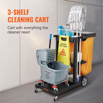 Cleaning Cart, 3-Shelf Commercial Janitorial Cart, 200 lbs Capacity Plastic Housekeeping Cart, with 25 Gallon PVC Bag and Cover, 47 x 20 x 38.6in, Yellow&Black