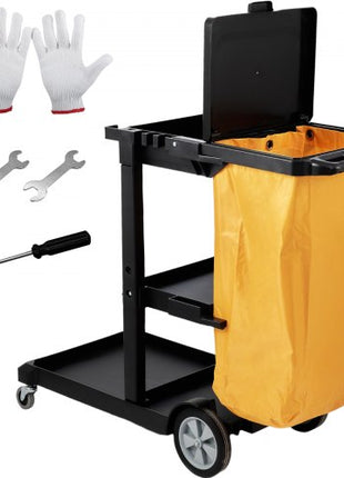 Cleaning Cart, 3-Shelf Commercial Janitorial Cart, 200 lbs Capacity Plastic Housekeeping Cart, with 25 Gallon PVC Bag and Cover, 47 x 20 x 38.6in, Yellow&Black