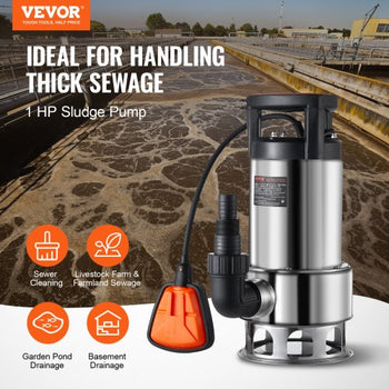 1HP Sump Pump, 4020GPH, 30FT Lift Stainless Steel Submersible Sludge Pump with 26FT Power Cord Automatic ON/OFF Float Switch, Drain Clean/Dirty Water for Basement Flood Pool Pond Garden Hot Tub