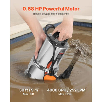 0.68 HP Submersible Sump Pump, 4000 GPH, Stainless Steel Submersible Sewage Dirty Clean Water Pump with Automatic Float Switch, Long Cord, 30 ft Max Lift, for Pools, Garden, Flooded Basement