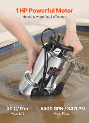 1 HP Submersible Sump Pump, 5500 GPH, Stainless Steel Submersible Sewage Dirty Clean Water Pump with Automatic Float Switch, Long Cord, 30 ft Max Lift, for Pools, Garden, Pond, Flooded Areas