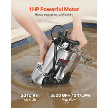 1 HP Submersible Sump Pump, 5500 GPH, Stainless Steel Submersible Sewage Dirty Clean Water Pump with Automatic Float Switch, Long Cord, 30 ft Max Lift, for Pools, Garden, Pond, Flooded Areas