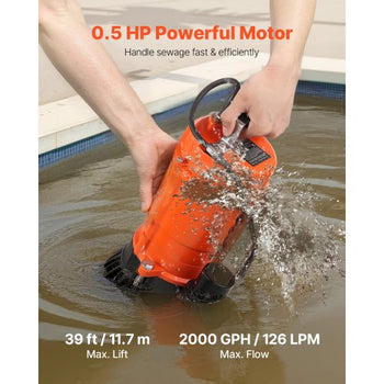 1/2 HP Submersible Trash Pump, 2000 GPH, 120V Cast Iron Submersible Sump Sewage Pump with 2 in Discharge, 39 ft Max Lift, Drain Dirty Clean Water, for Pools, Garden, Pond, Basement, Flooded Area