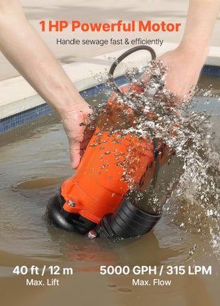 1 HP Submersible Trash Pump, 5000 GPH, 120V Cast Iron Submersible Sump Sewage Pump with 3 in Discharge, 40 ft Max Lift, Drain Dirty Clean Water, for Pools, Garden, Pond, Basement, Flooded Areas