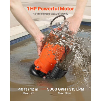 1 HP Submersible Trash Pump, 5000 GPH, 120V Cast Iron Submersible Sump Sewage Pump with 3 in Discharge, 40 ft Max Lift, Drain Dirty Clean Water, for Pools, Garden, Pond, Basement, Flooded Areas