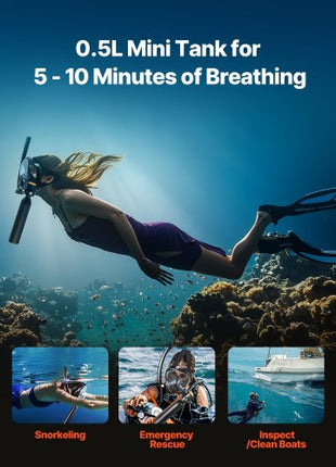 Scuba Tank, 0.5L Portable Diving Tank, Diving Oxygen Cylinder Support 5-10 Minutes Underwater Breathing, 32.81 ft Diving Depth, Refillable Snorkel Air Tank with Pump for Underwater Exploration