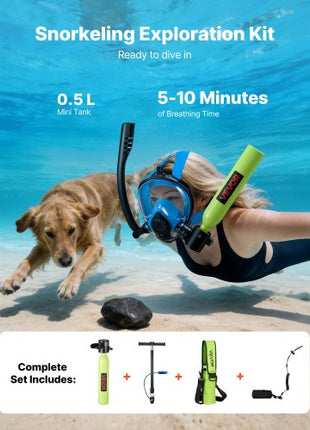 Mini Scuba Tank, 0.5L Portable Diving Tank for Underwater Breathing, Reusable Lung Diving Cylinder up to 10 Minutes Dive Time, Emergency Rescue Pony Bottle with Pump, Bag, Lanyard for Snorkeling