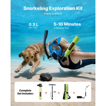 Mini Scuba Tank, 0.5L Portable Diving Tank for Underwater Breathing, Reusable Lung Diving Cylinder up to 10 Minutes Dive Time, Emergency Rescue Pony Bottle with Pump, Bag, Lanyard for Snorkeling