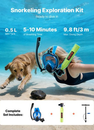 Mini Scuba Tank with Sub-Mask, 0.5L Portable Diving Tank for Underwater Breathing, Reusable Lung Diving Cylinder up to 10 Minutes Dive Time, Emergency Rescue Pony Bottle with Pump for Snorkeling