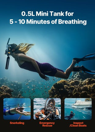Scuba Tank, 0.5L Portable Diving Tank, Diving Oxygen Cylinder Support 5-10 Minutes Underwater Breathing, 32.81 ft Diving Depth, Refillable Snorkel Air Tank Kit for Underwater Exploration Rescue
