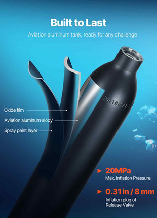 Scuba Tank, 0.5L Portable Diving Tank, Diving Oxygen Cylinder Support 5-10 Minutes Underwater Breathing, 32.81 ft Diving Depth, Refillable Snorkel Air Tank Kit for Underwater Exploration Rescue