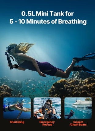 Scuba Tank, 0.5L Portable Diving Tank with Pump, Diving Oxygen Cylinder Supports 5-10 Minutes Underwater Breathing, 98.43 ft Diving Depth, Refillable Snorkel Air Tank for Underwater Exploration