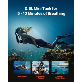 Scuba Tank, 0.5L Portable Diving Tank with Pump, Diving Oxygen Cylinder Supports 5-10 Minutes Underwater Breathing, 98.43 ft Diving Depth, Refillable Snorkel Air Tank for Underwater Exploration