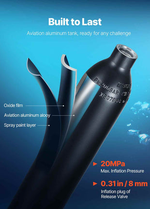 Scuba Tank, 0.5L Portable Diving Tank with Pump, Diving Oxygen Cylinder Supports 5-10 Minutes Underwater Breathing, 98.43 ft Diving Depth, Refillable Snorkel Air Tank for Underwater Exploration