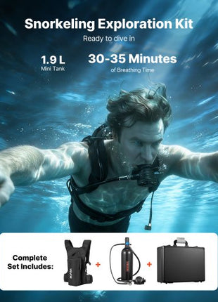 Mini Scuba Tank, 1.9L Portable Diving Tank for Underwater Breathing, Reusable Lung Diving Cylinder up to 35 Minutes Dive Time, Emergency Rescue Pony Bottle with Backpack & Case for Snorkeling