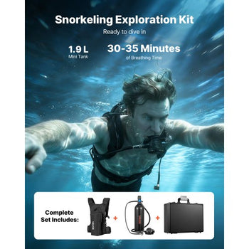 Mini Scuba Tank, 1.9L Portable Diving Tank for Underwater Breathing, Reusable Lung Diving Cylinder up to 35 Minutes Dive Time, Emergency Rescue Pony Bottle with Backpack & Case for Snorkeling