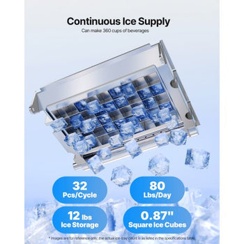 Commercial Ice Maker Machine, 80 lbs/24h with 12Lbs Storage, 32 Cubes per Cycle, Stainless Steel Freestanding & Countertop Ice Maker with LED Display & Self-Cleaning, for Home Bar Restaurant
