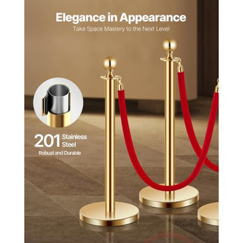 Stanchions and Velvet Ropes 8Pcs, Hollow Base with Stainless Steel Post, 6 Red Velvet Ropes and Posts, Crowd Control Barriers Gold Stanchions, Red Carpet Runner Poles for Party Supplies