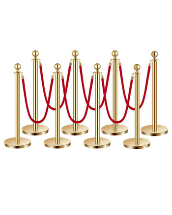 Stanchions and Velvet Ropes 8Pcs, Hollow Base with Stainless Steel Post, 6 Red Velvet Ropes and Posts, Crowd Control Barriers Gold Stanchions, Red Carpet Runner Poles for Party Supplies