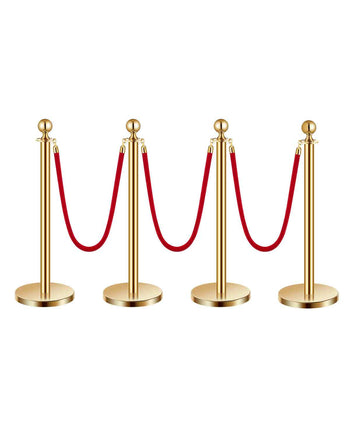 Stanchions and Velvet Ropes 4Pcs, Hollow Base with Stainless Steel Post, 3 Red Velvet Ropes and Posts, Crowd Control Barriers Gold Stanchions, Red Carpet Runner Poles for Party Supplies
