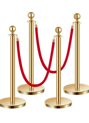Stanchions and Velvet Ropes 4Pcs, Hollow Base with Stainless Steel Post, 2 Red Velvet Ropes and Posts, Crowd Control Barriers Gold Stanchions, Red Carpet Runner Poles for Party Supplies