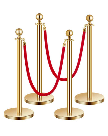 Stanchions and Velvet Ropes 4Pcs, Hollow Base with Stainless Steel Post, 2 Red Velvet Ropes and Posts, Crowd Control Barriers Gold Stanchions, Red Carpet Runner Poles for Party Supplies