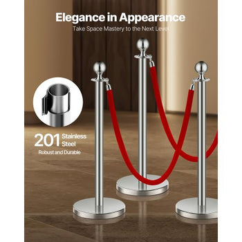Stanchions and Velvet Ropes 8Pcs, Hollow Base with Stainless Steel Post, 4 Red Velvet Ropes and Posts, Crowd Control Barriers Silver Stanchions, Red Carpet Runner Poles for Party Supplies